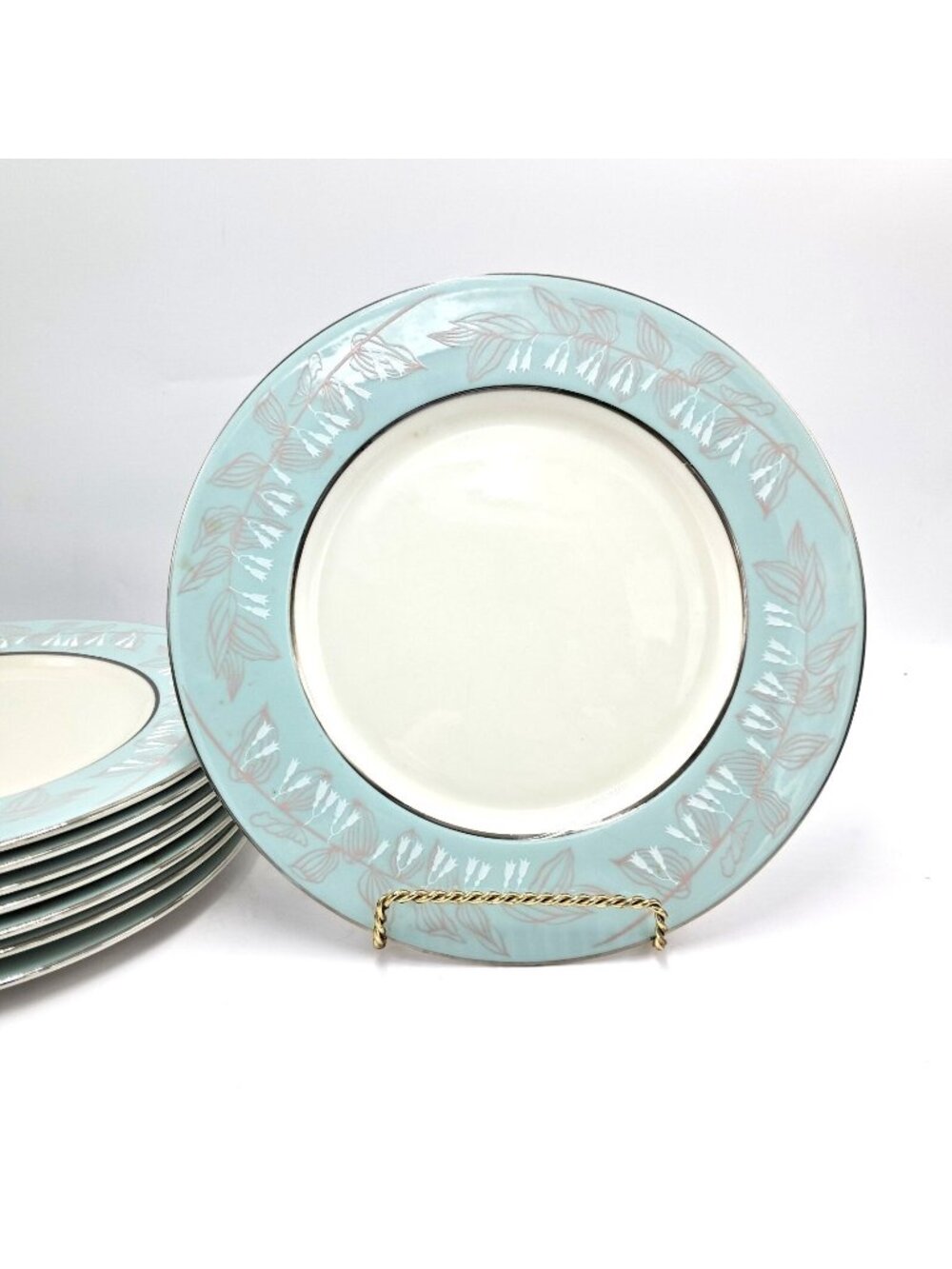 Nancy Prentiss  Dinner Plates-Set of 8 -Seafoam Green-Pink-Silver -Foxhall